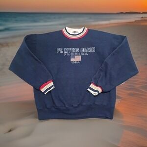 Vtg Sweatshirt FT. Myers Beach Florida USA Super Sweats Jerzees Patriotic Mens L